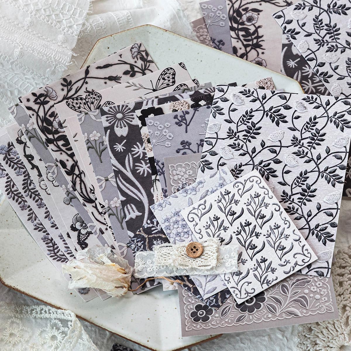 28Sheets Vintage Black Embroidery Plant Flower Scrapbook Paper Kit