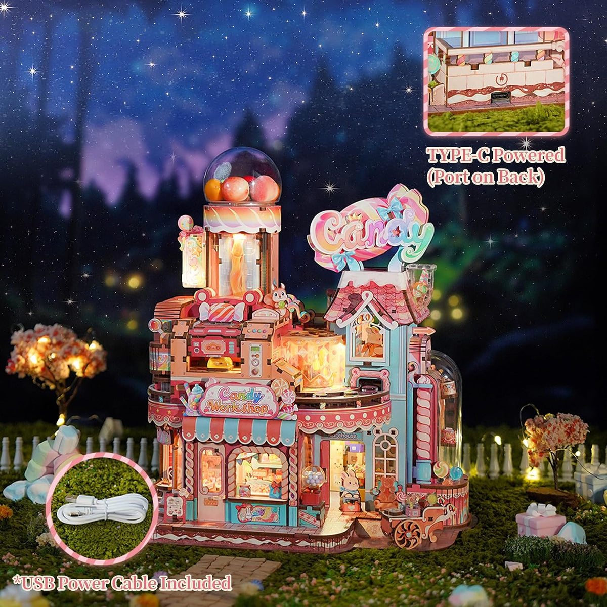 Tonecheer 3D Wooden Puzzle for Adults- Candy Workshop, Mechanical Transmission Model Kit, Dynamic DIY Building Set with Music & Lights, Miniature House Kit Ideas