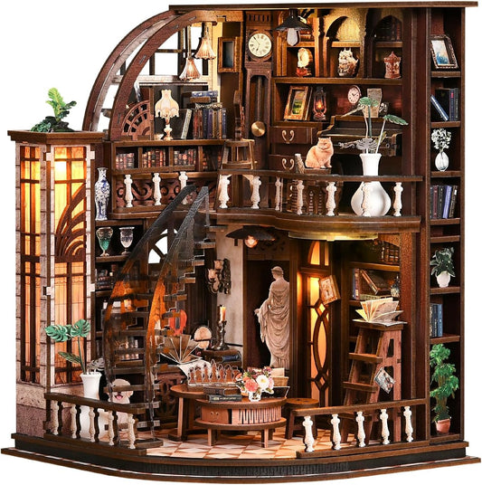 Bacchus Book Loft, DIY Book Nook Kit with LED Light Miniature House Insert