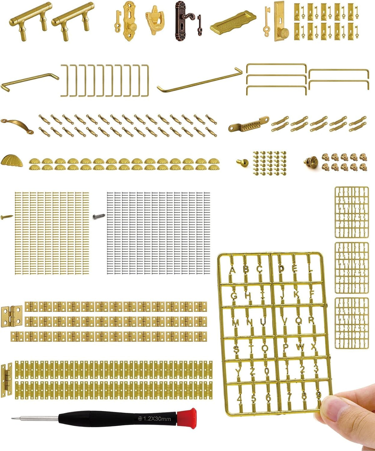 iland 1/12 Scale Dollhouse Accessories, 700+ PCS Miniature Hardware Kit: 20 Kinds Mini Knobs, Hinges, Handles & Locks w/Screws, Miniature Building Supplies for Dollhouse Door Window and Craft Project