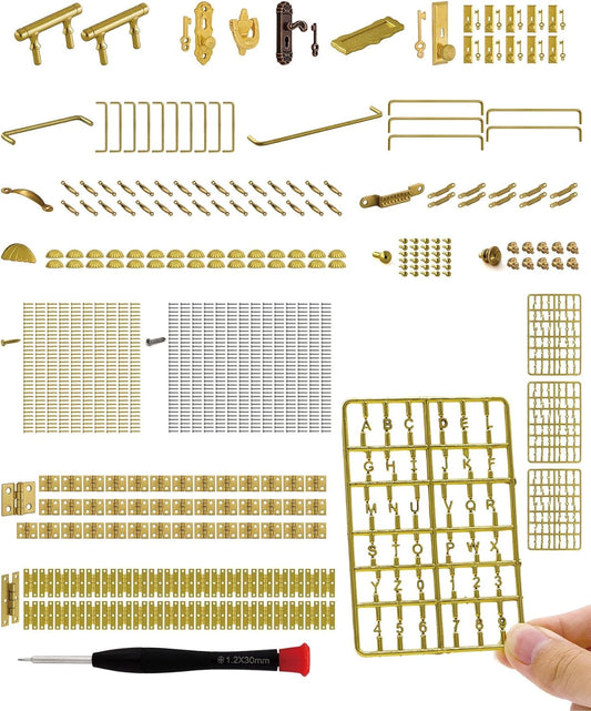 iland 1/12 Scale Dollhouse Accessories, 700+ PCS Miniature Hardware Kit: 20 Kinds Mini Knobs, Hinges, Handles & Locks w/Screws, Miniature Building Supplies for Dollhouse Door Window and Craft Project