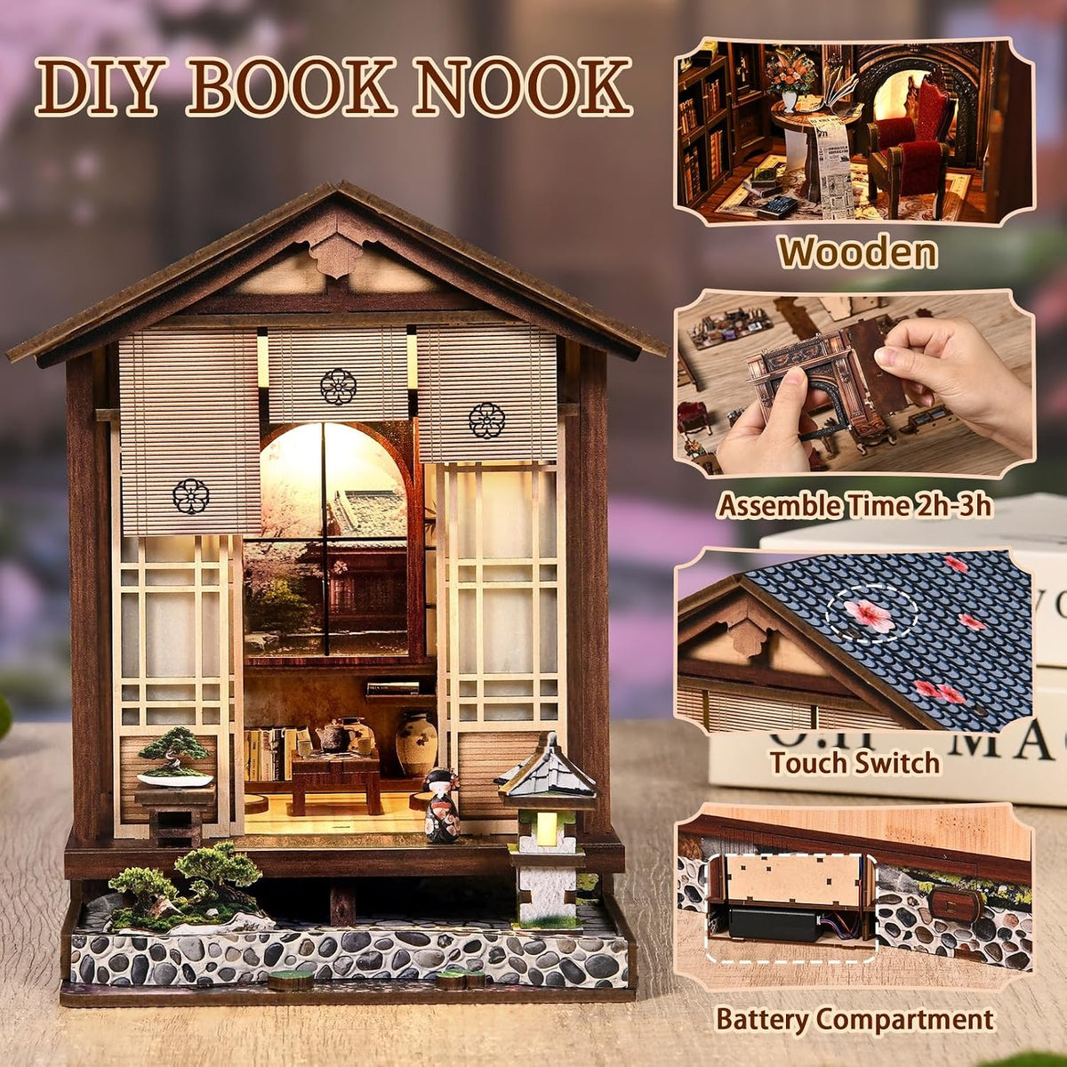 Book Nook Kit, DIY Miniature House Kit for Adults and Teens, 3D Wooden Puzzle Booknook Tiny House Bookshelf Decor, Holiday Craft Gift for Friends, Family(Japanese Courtyard)