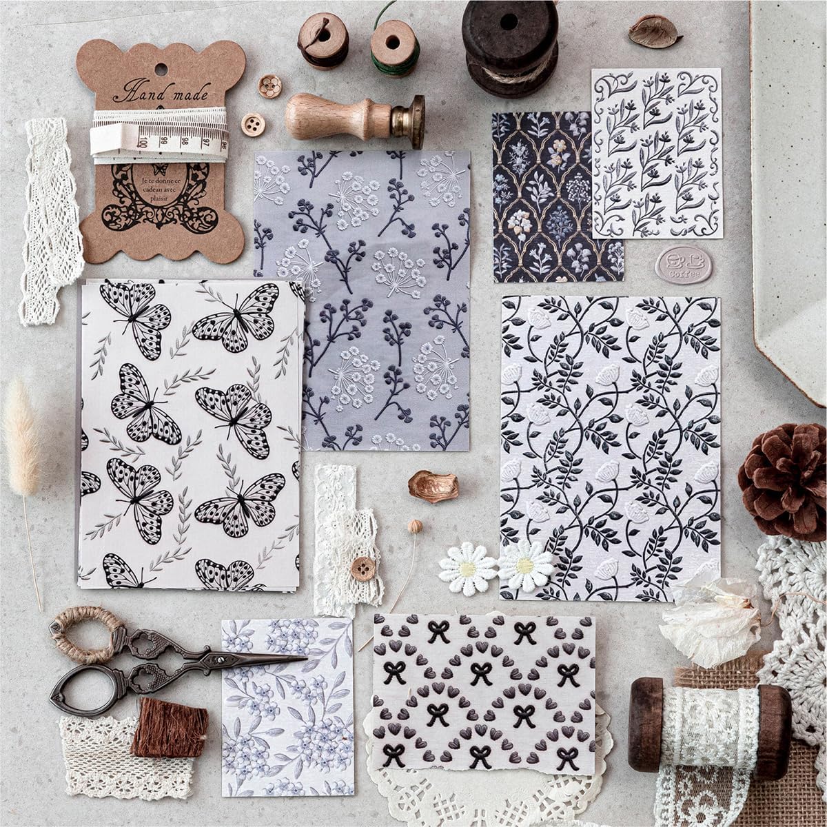 28Sheets Vintage Black Embroidery Plant Flower Scrapbook Paper Kit