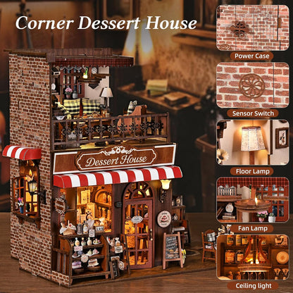 DIY Miniature House Kit, Dollhouse Fantastic Corner Shop for Adults to Build, Birthday/Christmas Day Gift for Family and Friends, Prefab Tiny Home with LED Lights,Corner Dessert House