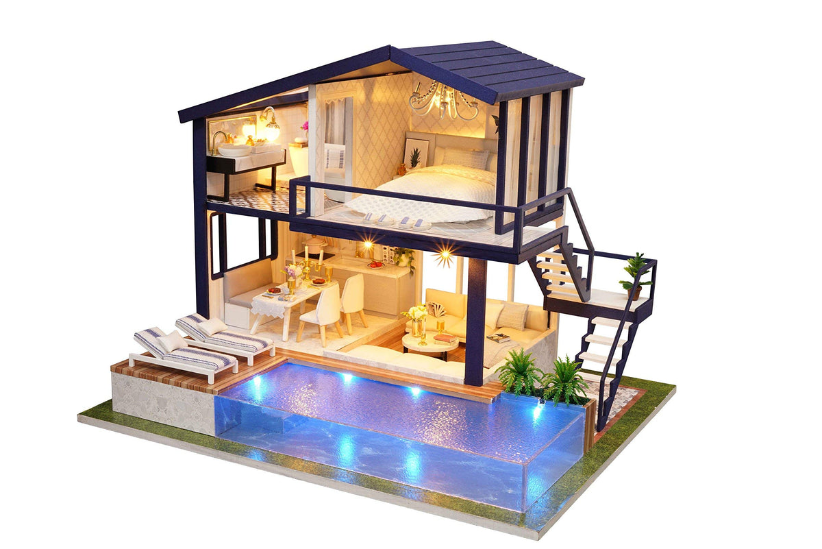 CUTEROOM DIY Miniature Wooden Caravan Dollhouse Kit with Furniture