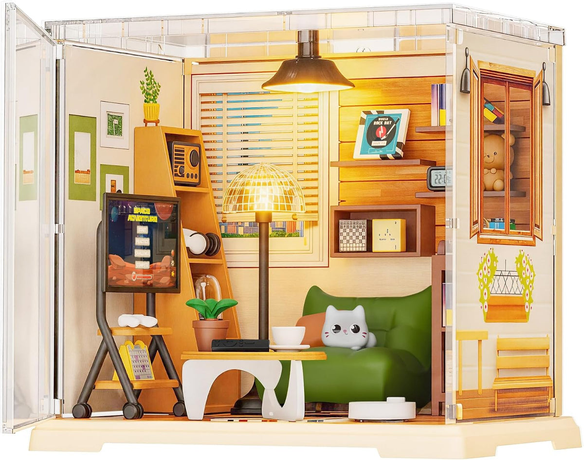 DIY Miniature Living Room Dollhouse Kit with LED, Suitable for Display Mini Figures, Make It Miniature, Mini Dollhouse Kit for Adults, Teens, and Beginners to Build, Gift for Friends and Hobbies