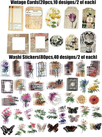Esweny 260PCS Vintage Journaling Scrapbooking Supplies Scrapbook Sticker Paper Ephemera Pack for Junk Journal Planners Collage Craft Notebooks Album (Flowers and Butterflies)