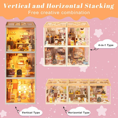 Bread Shop Miniature House Kit with LED Light, 87 Pcs DIY Mini Dollhouse with Roof & Dust Covers for Mini Figures Tiny House Toy for Adults