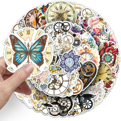 50Pcs Vintage Floral Clock Stickers, Waterproof Vinyl Mechanical Gear