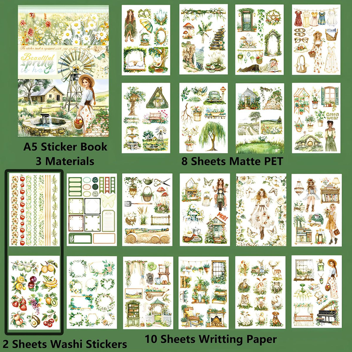 YagCu Journaling Stickers, Spring Scrapbook Sticker Book, Junk Journal Supplies, Pre-Cut Aesthetic Scrapbooking for Adults, Decorative Ephemera Bullet Planner DIY Arts Craft Collage