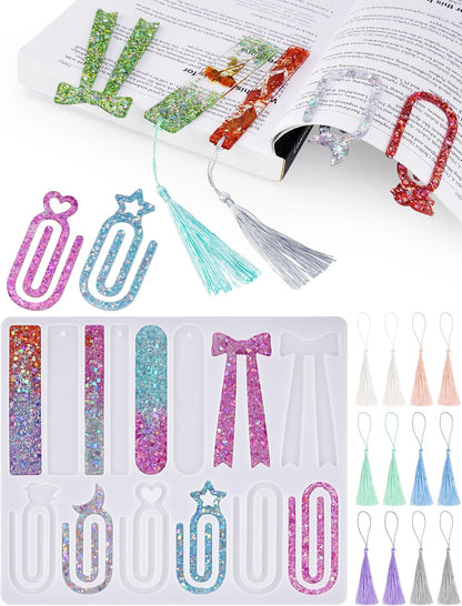 NiArt 14-Shape Resin Bookmark Mold, Epoxy UV Silicone Kit with 12 Tassels
