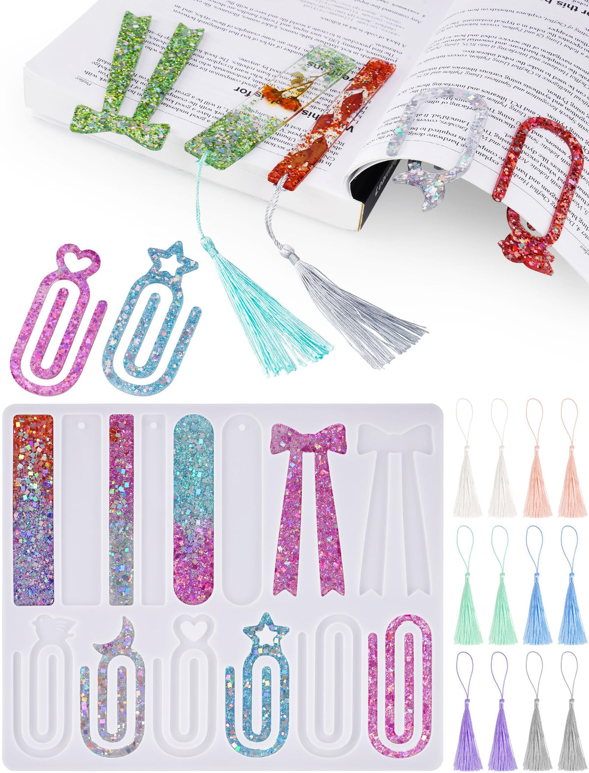 NiArt 14-Shape Resin Bookmark Mold, Epoxy UV Silicone Kit with 12 Tassels