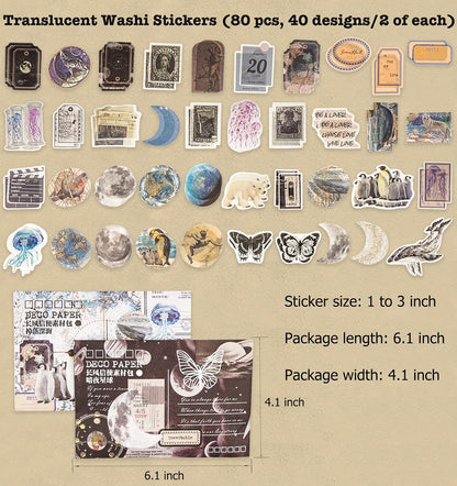 Knaid 200 Piece Vintage Ephemera Bundle - Paper & Sticker Kit for Junk Journaling, Scrapbooking, Planners, Bullet Journals, Collage, Decoupage - Black/Blue Tones