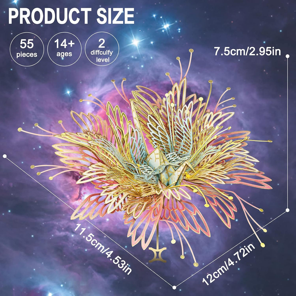 Piececool 3D Metal Model Kits, 12 Constellation Series - Gemini Wishing Cranes Assembling Metal Model Building Kits DIY Handcraft Kits 3D Puzzles for Adults, Best Birthday Gifts, 55Pcs