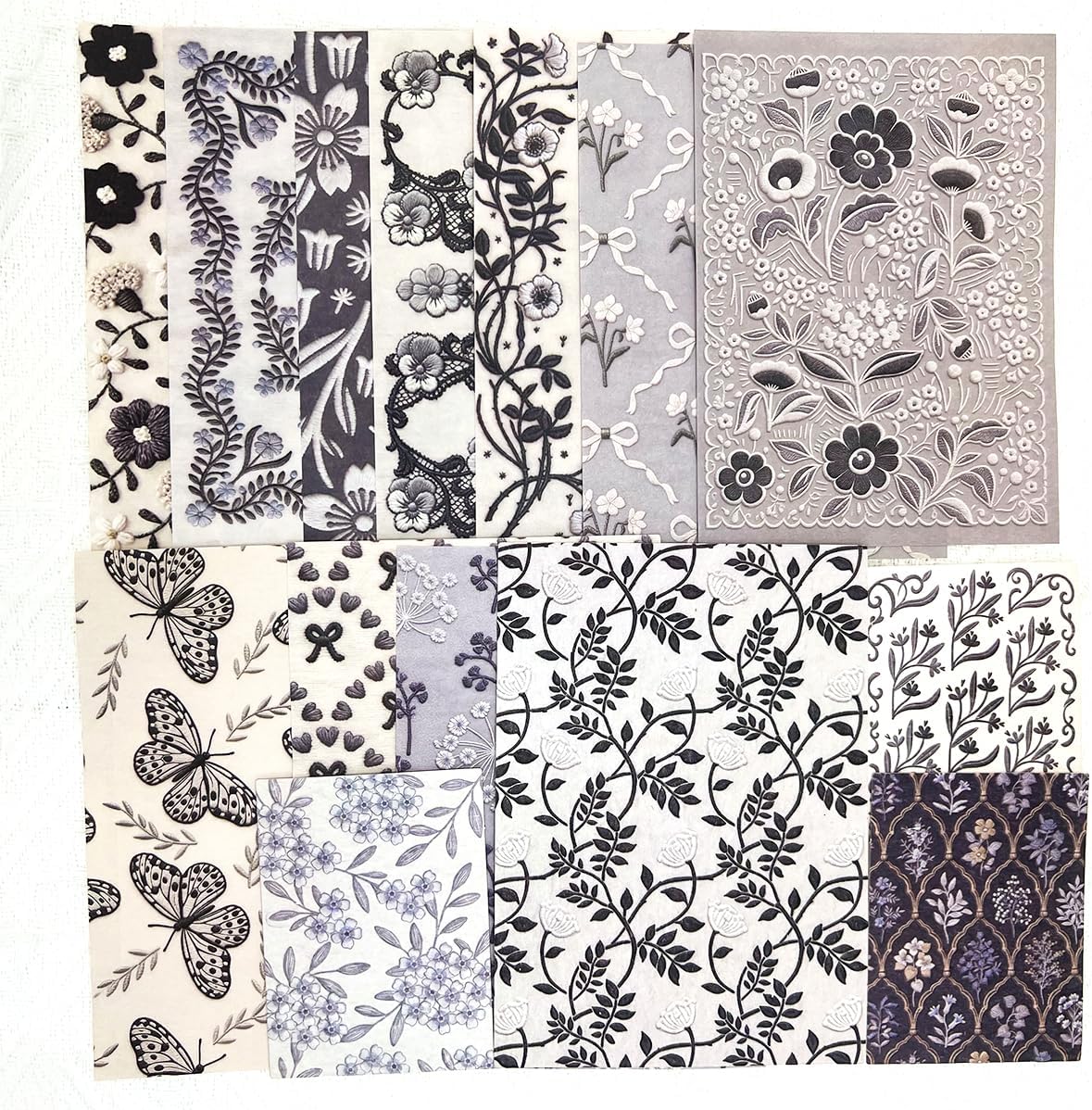 28Sheets Vintage Black Embroidery Plant Flower Scrapbook Paper Kit