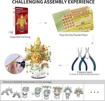 Piececool 3D Metal Asian Puzzles Model Kits- Garuda Coronet Metal Building Kit for Adults, Brain Teaser Puzzle DIY Handcraft Model Kits, Fidget 3D Puzzles Gifts for Teens Man Woman Family- 522 Pcs