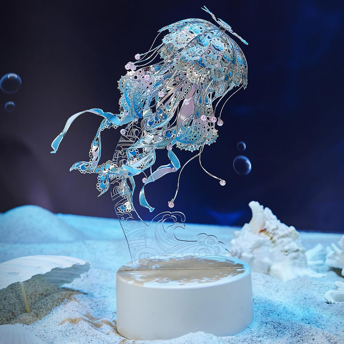 Piececool 3D Puzzles for Adults, Jellyfish Night Light with USB Plug, Ocean Animals 3D Metal Model Building Kits, Hobbies DIY Assembling Arts and Crafts