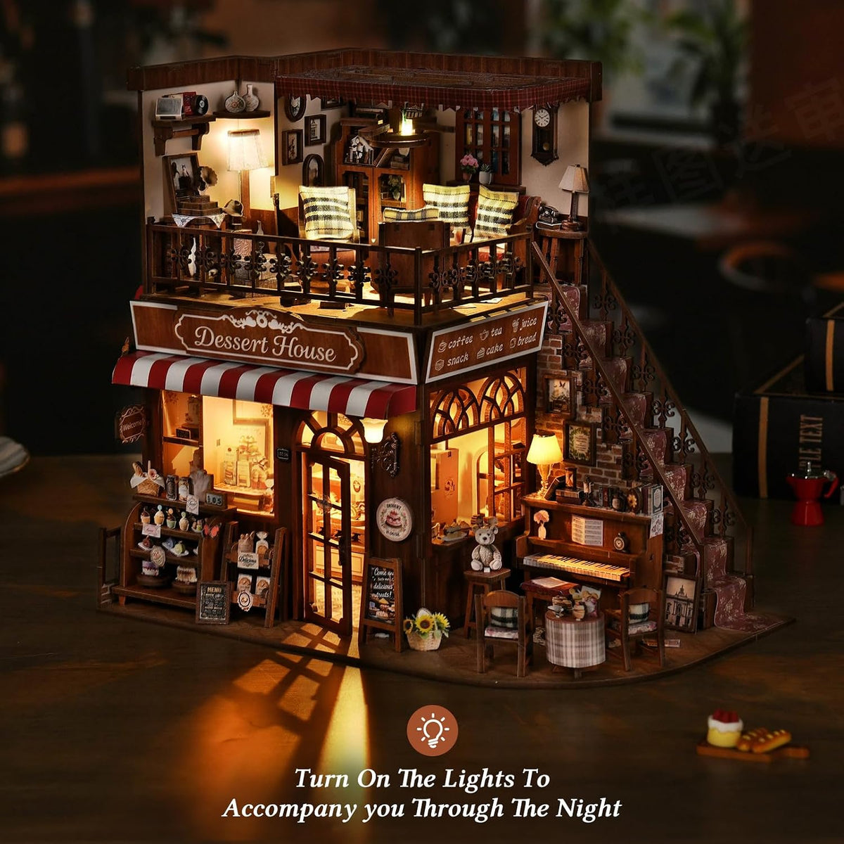 DIY Miniature House Kit, Dollhouse Fantastic Corner Shop for Adults to Build, Birthday/Christmas Day Gift for Family and Friends, Prefab Tiny Home with LED Lights,Corner Dessert House