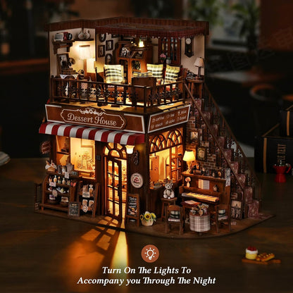 DIY Miniature House Kit, Dollhouse Fantastic Corner Shop for Adults to Build, Birthday/Christmas Day Gift for Family and Friends, Prefab Tiny Home with LED Lights,Corner Dessert House