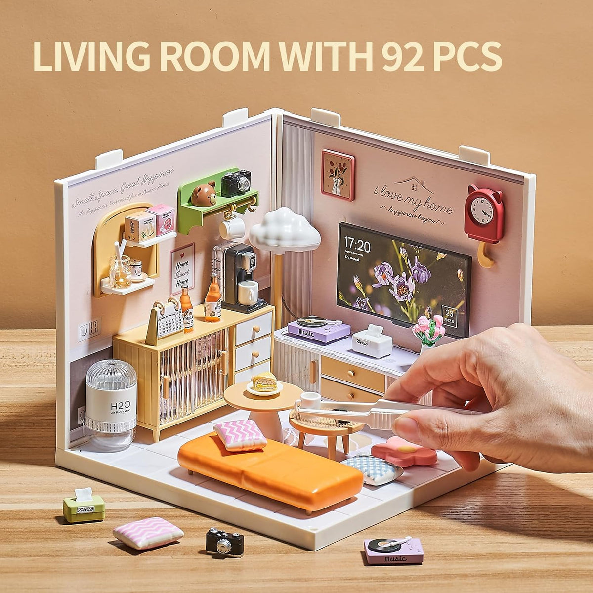 Miniature Living Room DIY Kit, 92Pcs 1:24 Scale Dollhouse with LED