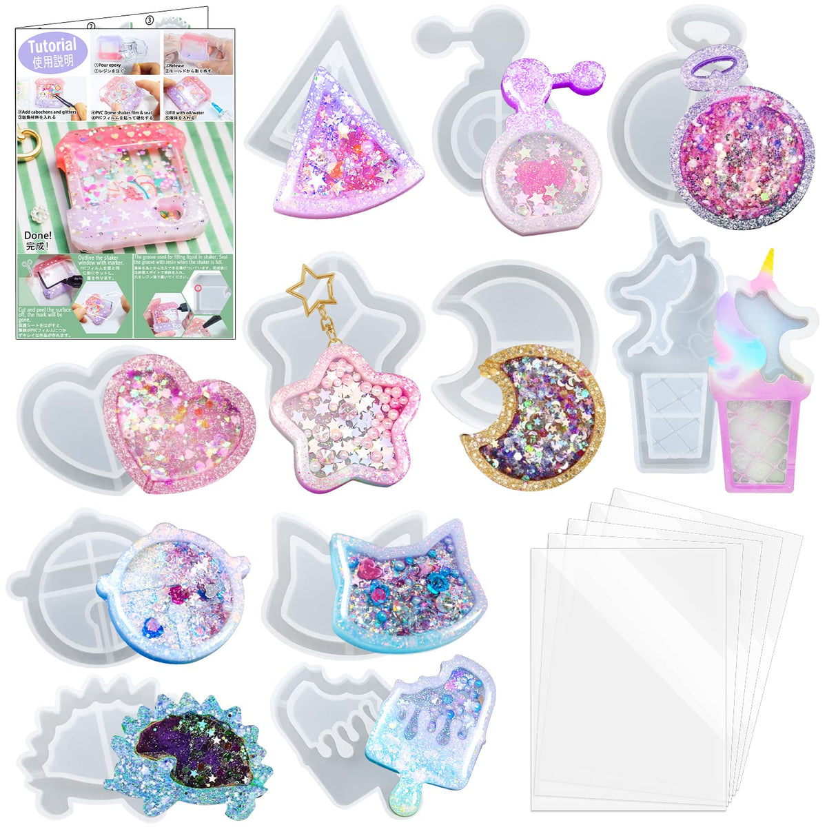 Alphabet Resin Shaker Molds Kawaii Keychain Charm Large and Small Set Pack of 107 Silicone Trays Seal Films Precision Tip Applicator Bottle Kit Bundle