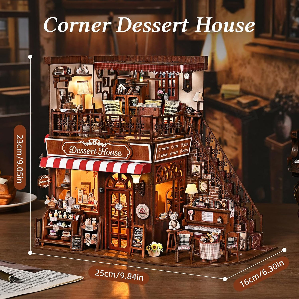 DIY Miniature House Kit, Dollhouse Fantastic Corner Shop for Adults to Build, Birthday/Christmas Day Gift for Family and Friends, Prefab Tiny Home with LED Lights,Corner Dessert House