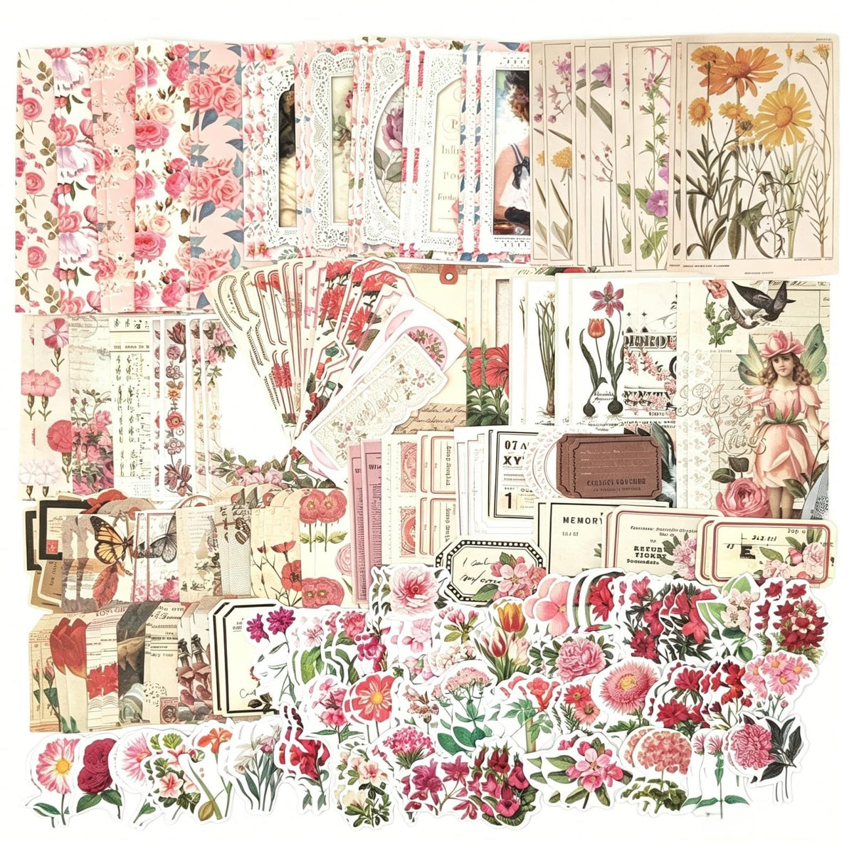Esweny 260PCS Vintage Journaling Scrapbooking Supplies Scrapbook Sticker Paper Ephemera Pack for Junk Journal Planners Collage Craft Notebooks Album (Flowers and Butterflies)