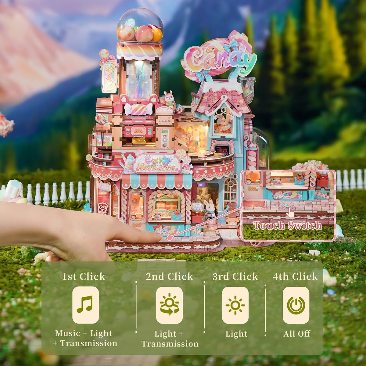 Tonecheer 3D Wooden Puzzle for Adults- Candy Workshop, Mechanical Transmission Model Kit, Dynamic DIY Building Set with Music & Lights, Miniature House Kit Ideas