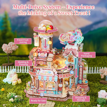 Tonecheer 3D Wooden Puzzle for Adults- Candy Workshop, Mechanical Transmission Model Kit, Dynamic DIY Building Set with Music & Lights, Miniature House Kit Ideas