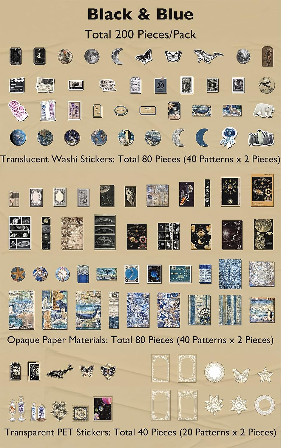 Knaid 200 Piece Vintage Ephemera Bundle - Paper & Sticker Kit for Junk Journaling, Scrapbooking, Planners, Bullet Journals, Collage, Decoupage - Black/Blue Tones