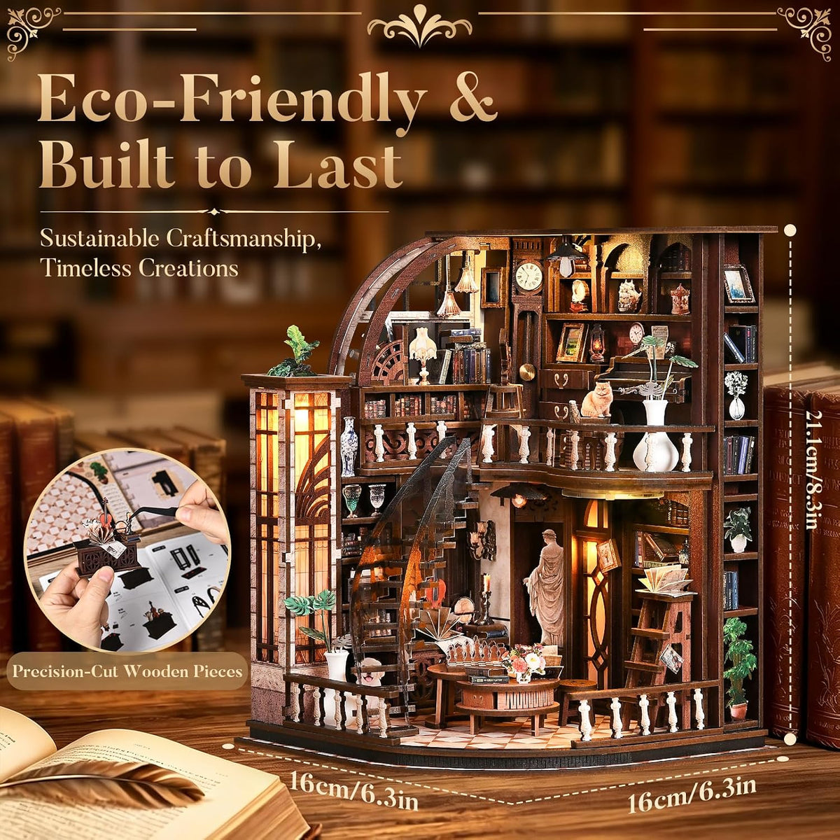 Bacchus Book Loft, DIY Book Nook Kit with LED Light Miniature House Insert