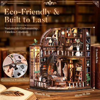 Bacchus Book Loft, DIY Book Nook Kit with LED Light Miniature House Insert