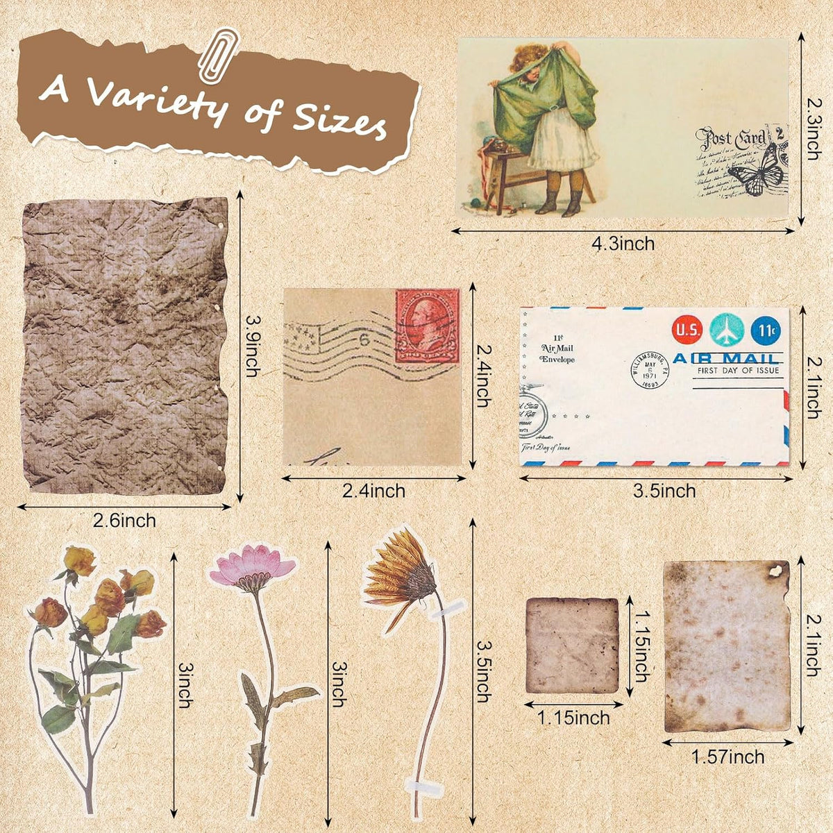 445 Pcs Vintage Scrapbook Paper with Floral Stickers for Junk Journal