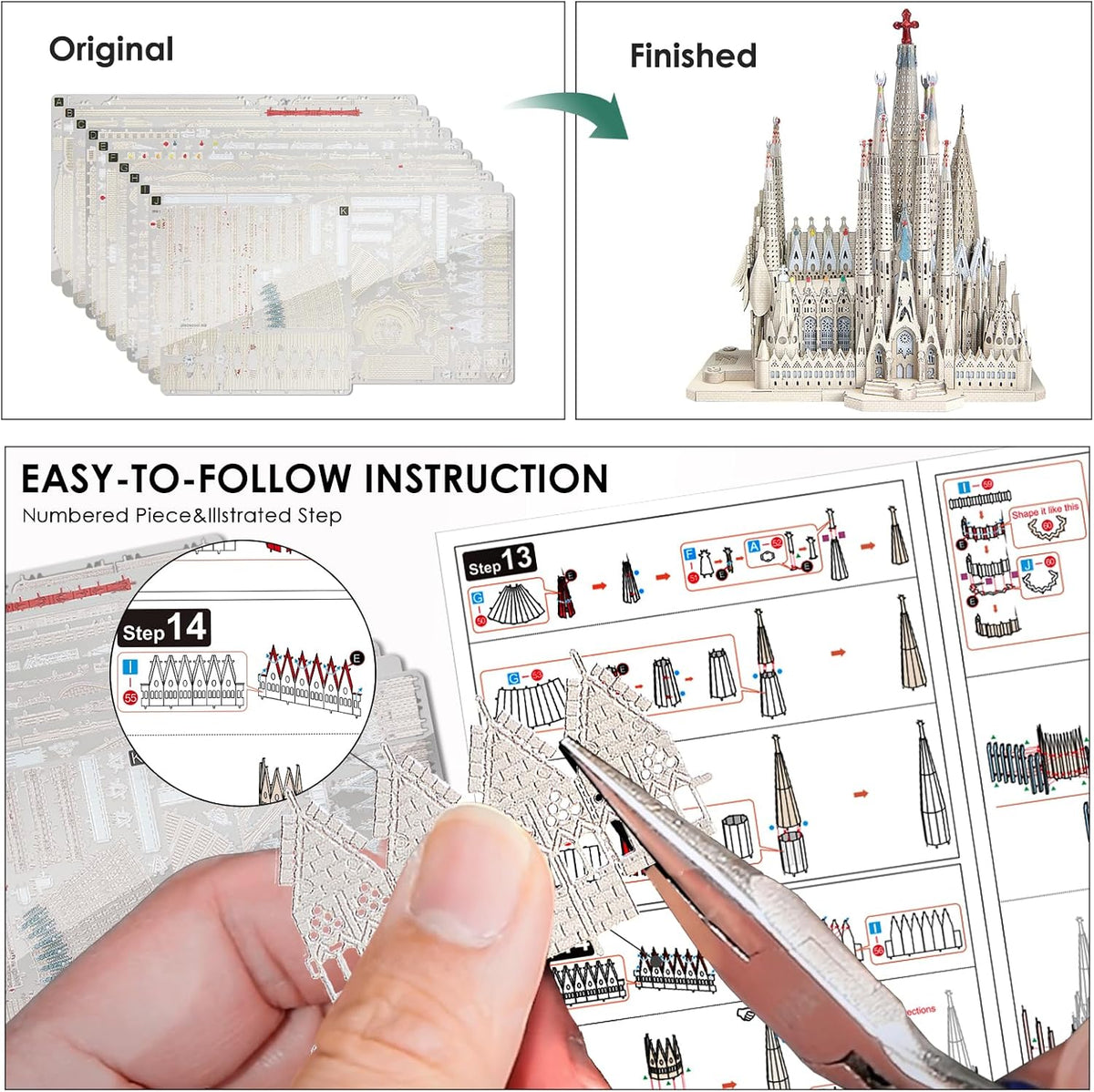 Piececool 3D Metal Puzzles for Adults and Teens, La Sagrada Família Metal Model Kit, Hobby DIY Crafts for Adult Challenge Spanish Cathedral Brain Teaser Architecture Building Kit, 450 Pcs