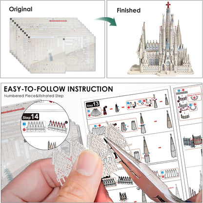 Piececool 3D Metal Puzzles for Adults and Teens, La Sagrada Família Metal Model Kit, Hobby DIY Crafts for Adult Challenge Spanish Cathedral Brain Teaser Architecture Building Kit, 450 Pcs