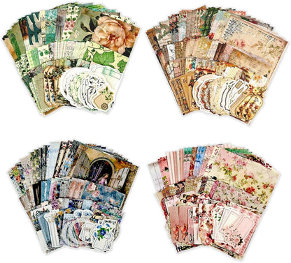 Diuhofart 400Pcs Vintage Scrapbook Supplies Kit, Scrapbook Paper and Journaling Stickers Set, 4Pack Scrap Booking Kit for Junk Journals, Bujo, Collage, Card Making, DIY Crafts Arts