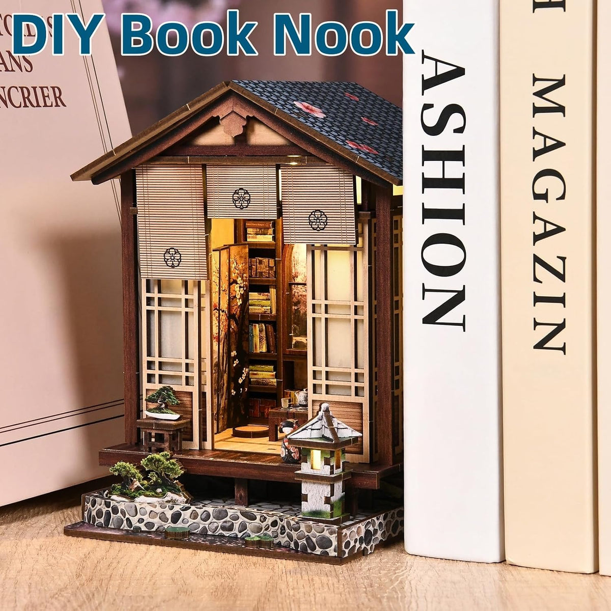 Book Nook Kit, DIY Miniature House Kit for Adults and Teens, 3D Wooden Puzzle Booknook Tiny House Bookshelf Decor, Holiday Craft Gift for Friends, Family(Japanese Courtyard)