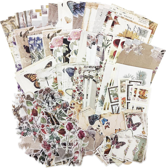Retro Scrapbook Supplies Kit, 200 Mixed Natural Color Paper and Stickers