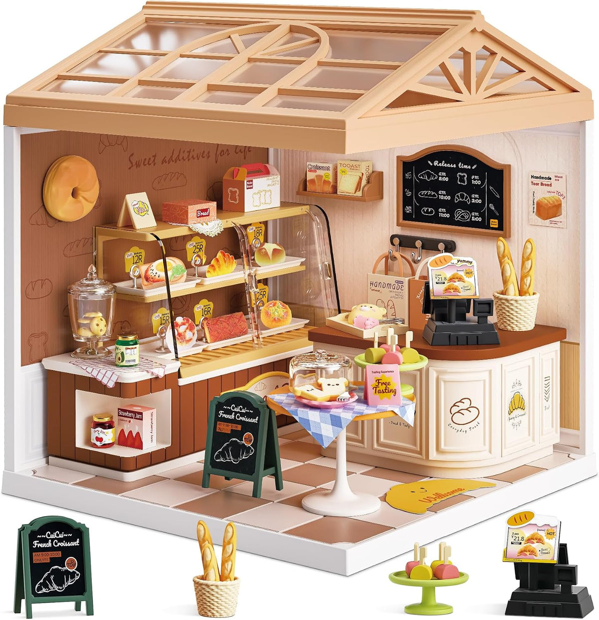 Bread Shop Miniature House Kit with LED Light, 87 Pcs DIY Mini Dollhouse with Roof & Dust Covers for Mini Figures Tiny House Toy for Adults
