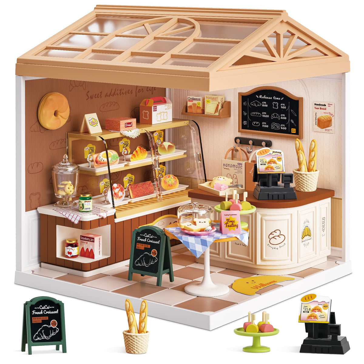 Bread Shop Miniature House Kit with LED Light, 87 Pcs DIY Mini Dollhouse with Roof & Dust Covers for Mini Figures Tiny House Toy for Adults