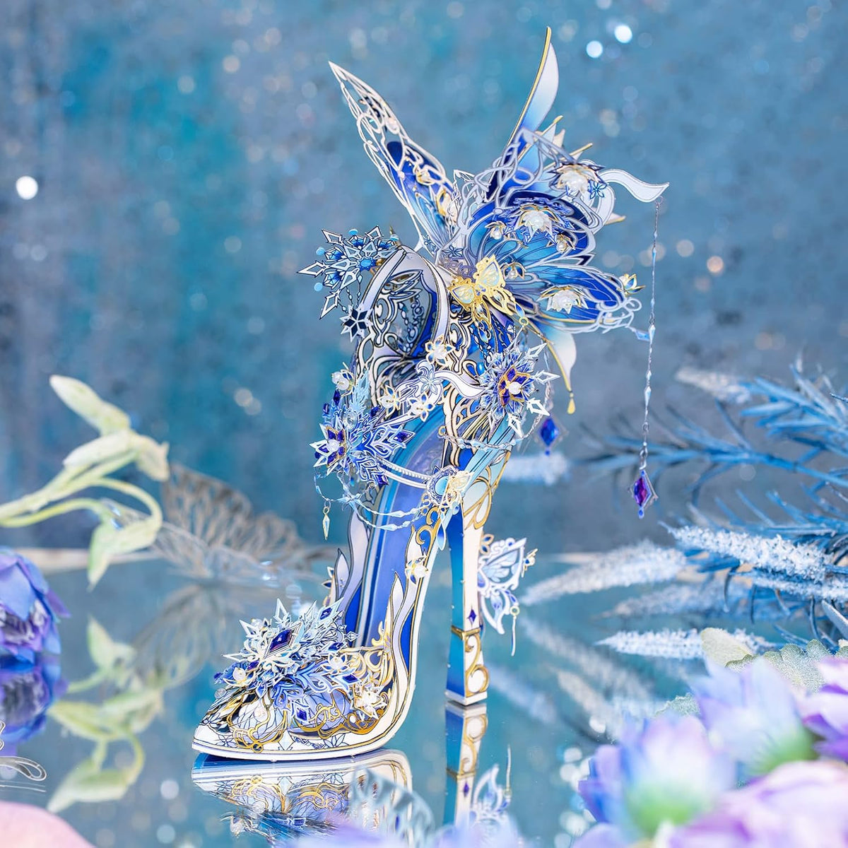 MU Metal Puzzles for Adults Wedding Ice Blue Shoe Cinderella Shoes Puzzle 3D Metal Model Kits Building, DIY Sets Xmas Birthday Wedding Girfriend Gifts Home Desk Decor Craft Projects