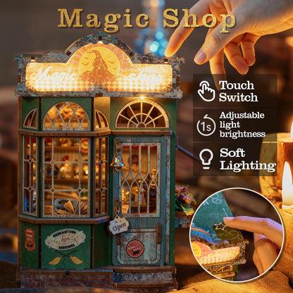 Book Nook Kit, Magic Shop DIY Miniature House Kit with Stepless Dimming