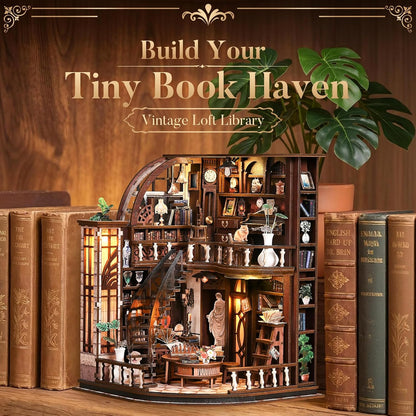Bacchus Book Loft, DIY Book Nook Kit with LED Light Miniature House Insert
