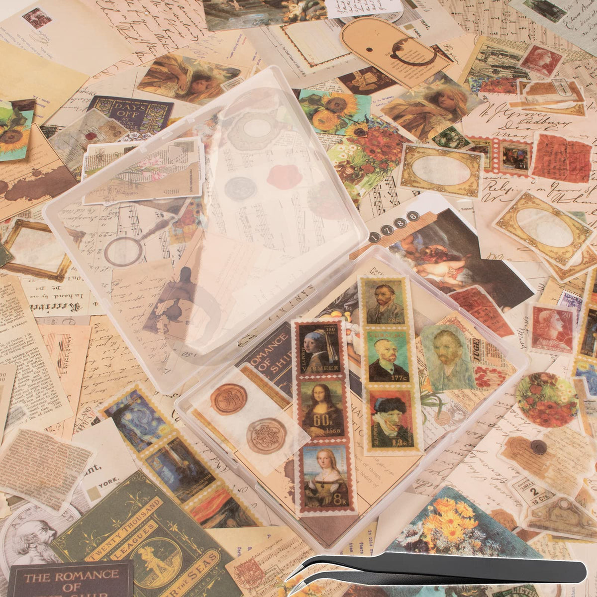 200Pcs Vintage Scrapbook Stickers, Aesthetic Junk Journal Stamping Supplies Kit, Scrapbooking Ephemera Washi Paper for Bullet Journaling Planners Diary Collage