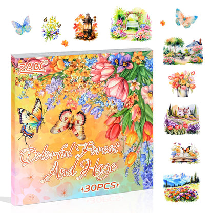 30 Sheets Precut Purple Garden Landscape Stickers Book for Junk Journal Supplies, Transparent PET Stickers for Journaling, Scrapbooking, Bujo, Collage, Card Making
