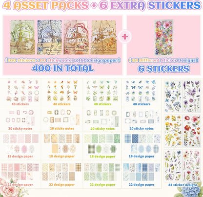 484Pcs Vintage Floral Scrapbook Supplies Kit, Paper & Journaling Stickers