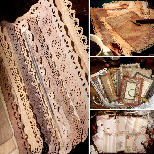 6 Packs Vintage Lace Edged Scrapbook Paper Assorted Set - 60 Sheets Large Size Decorative Craft Paper for Junk Journaling Collage Decoupage Scrapbooking Embellishments, Letter Writing Notes Memos