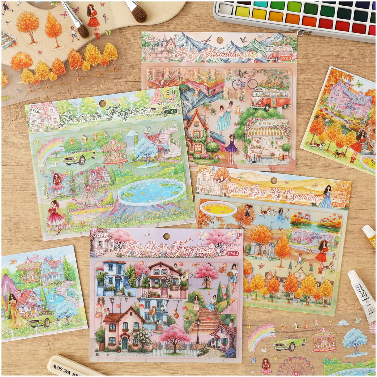 24 Sheets PET Die-Cut Stickers for Journaling, 6 Theme Packs