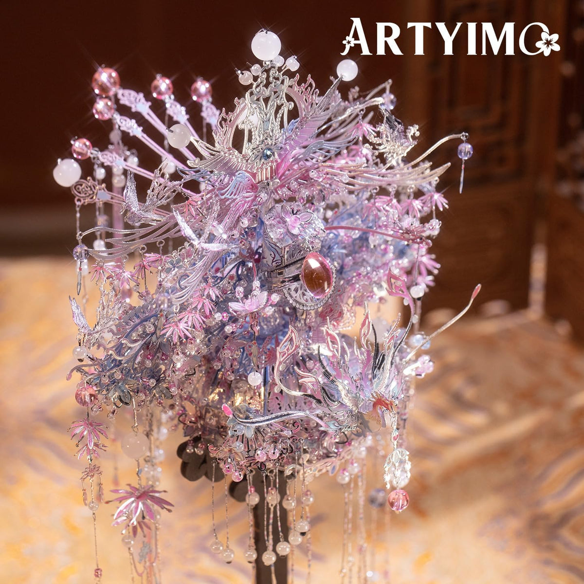 MU 3D Metal Puzzle Phoenix Dance Rosy Crown Model Kit with Display Stand, DIY Assembly Building Kit for Adults Teens 14+, Chinese Traditional Phoenix Crown Collectible, 6-Star Difficulty
