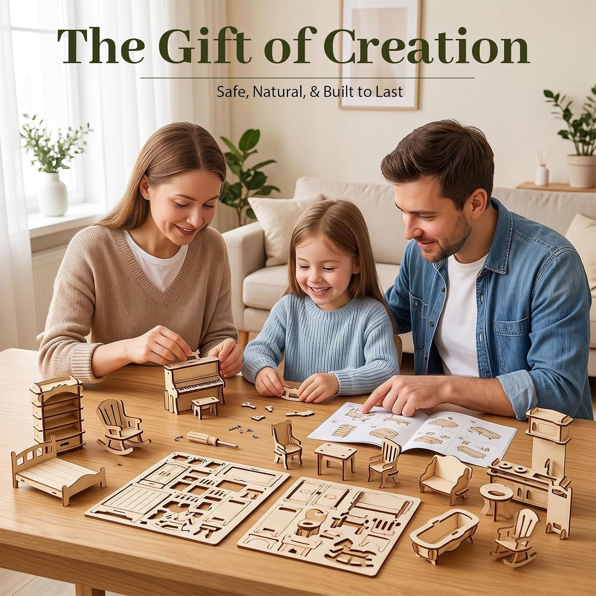LOVEINUSA 34PCS Wooden Dollhouse Furniture Set, 1:20 Scale